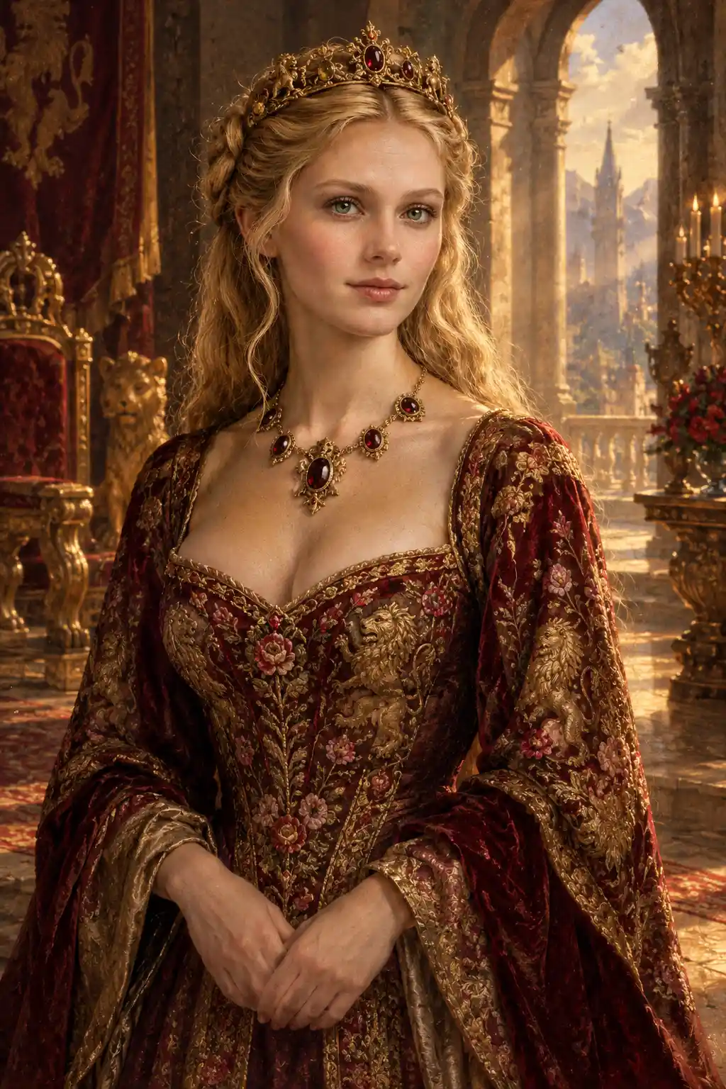 Eine junge Frau in einem Renaissanceporträt mit einem karmesinroten und goldenen Kleid