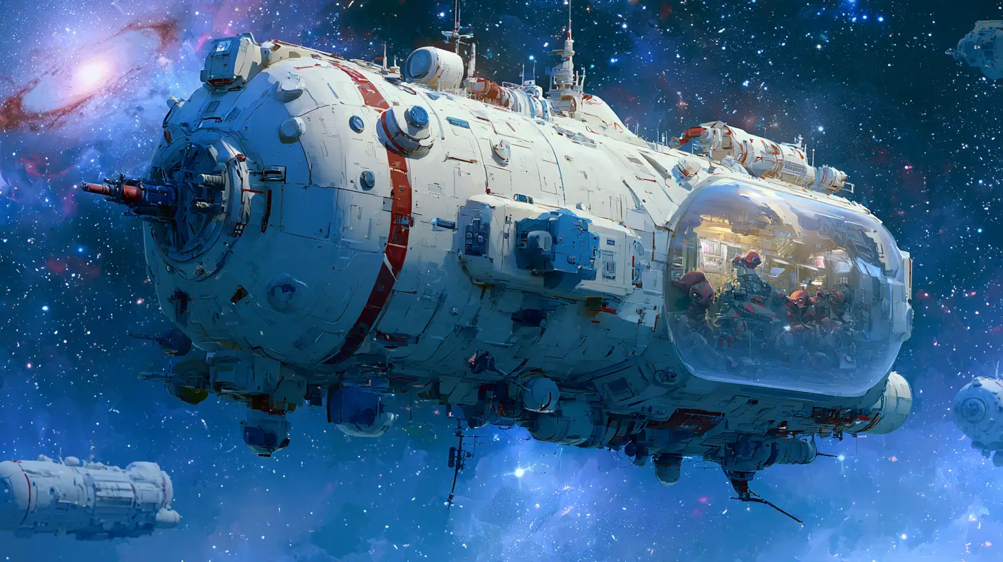 Un crucero científico alienígena analiza una nebulosa inestable bajo una galaxia lejana