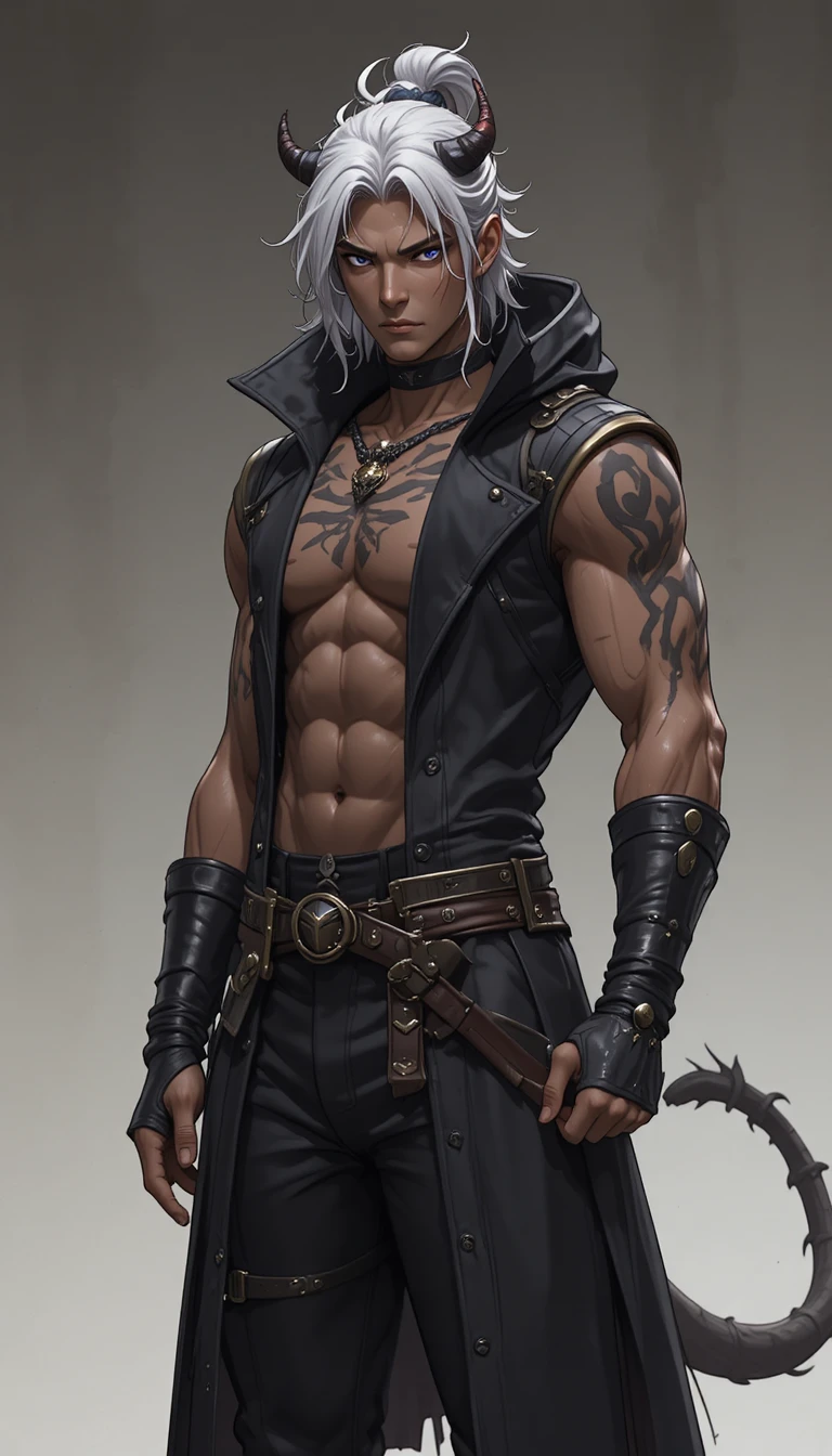 A fantasy man with canine ears, small horns, and a dark hooded coat