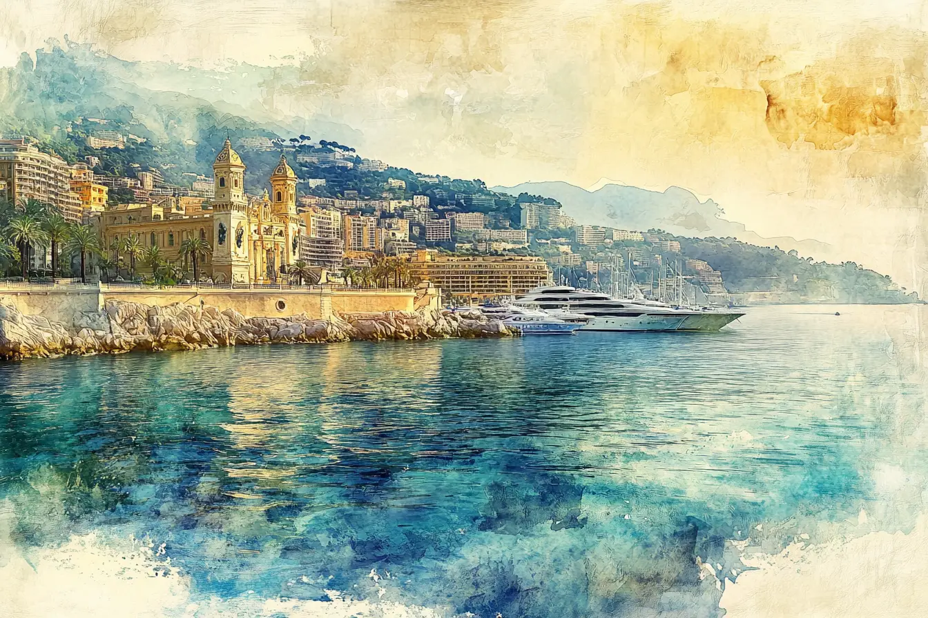 Vue de Monaco à l’aquarelle le long de la côte méditerranéenne ensoleillée