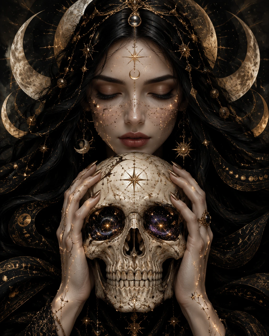 An oracle cradles a star filled skull beneath a lunar halo