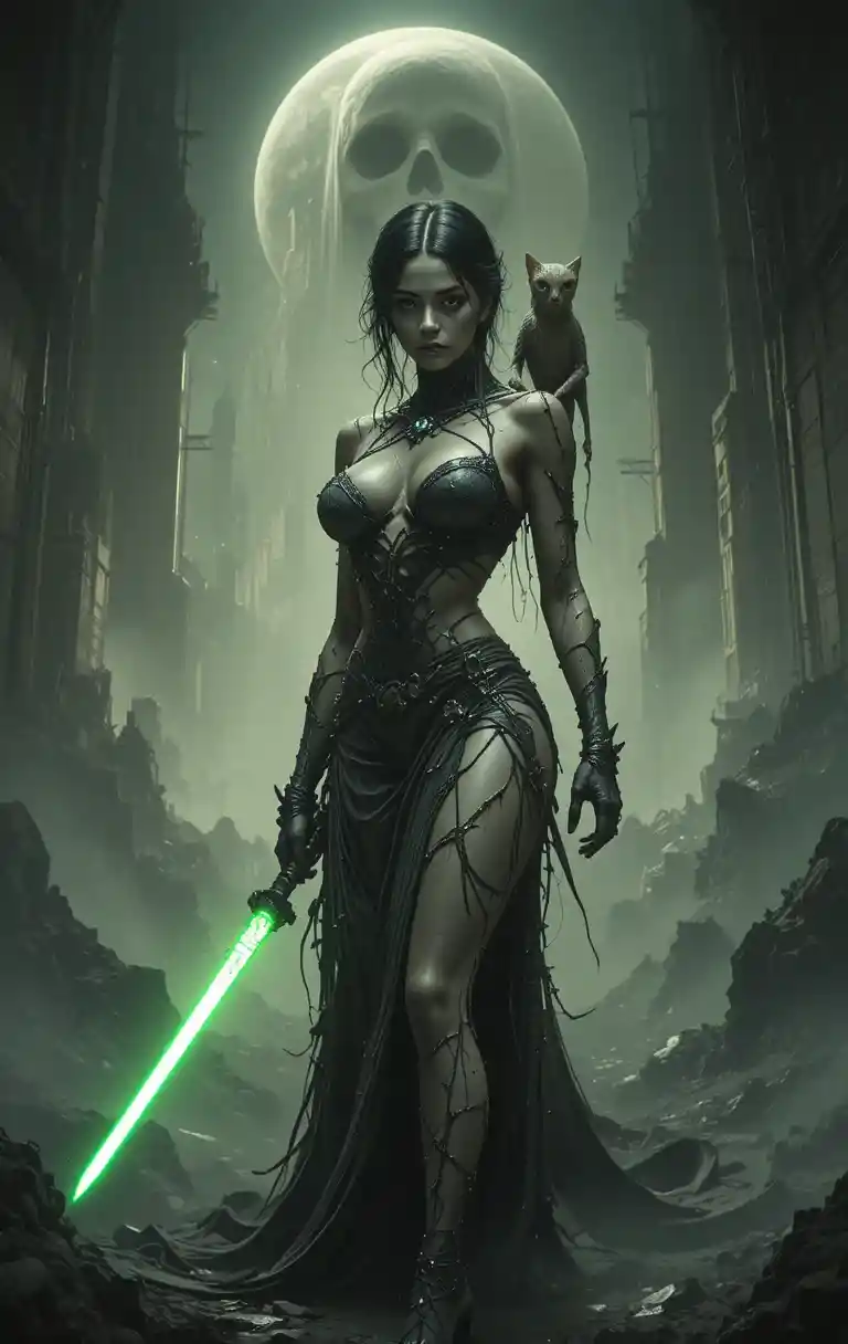 Undead pirate queen stands before a shadowy ghost spaceship