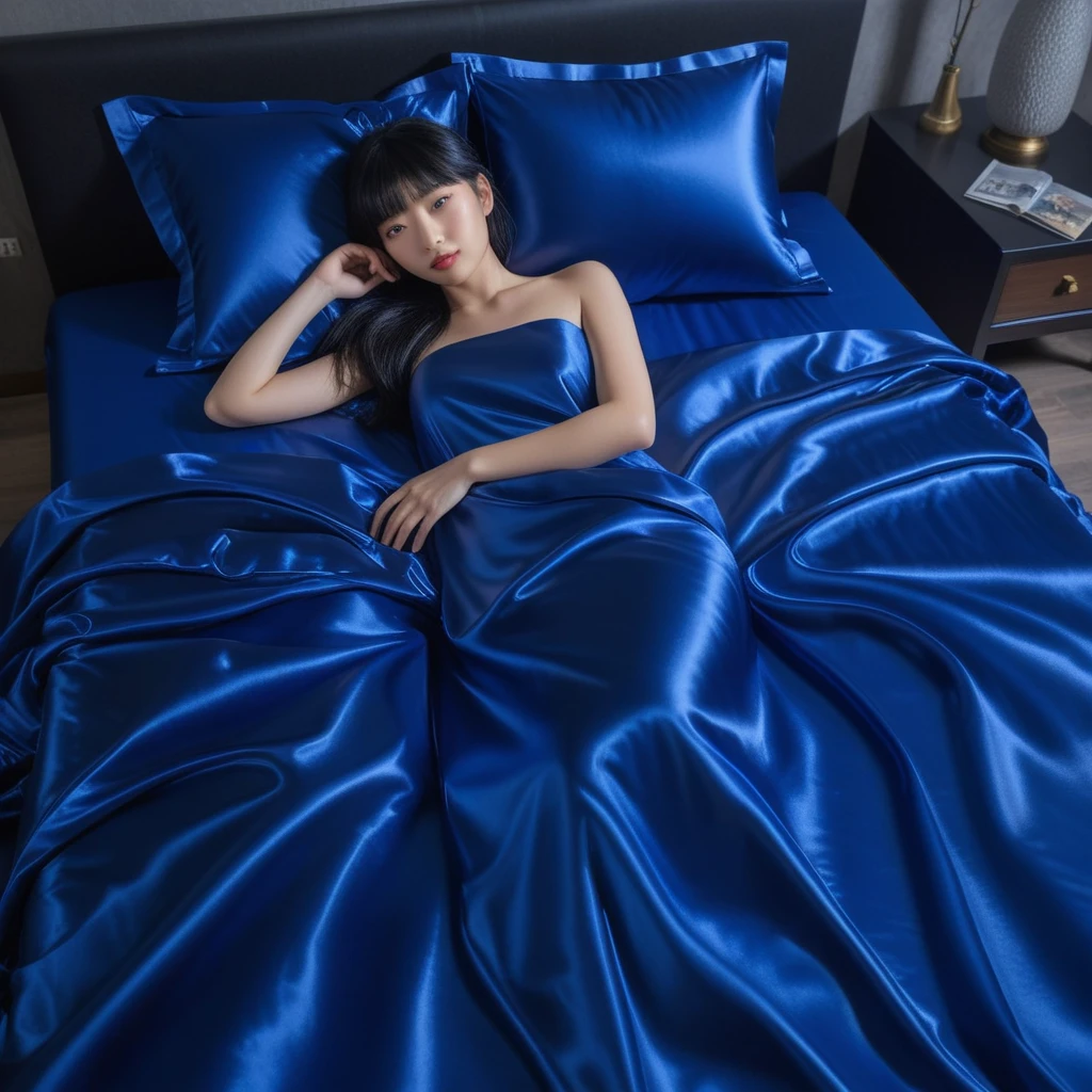 A Japanese woman reclines beneath covers on a blue satin bed