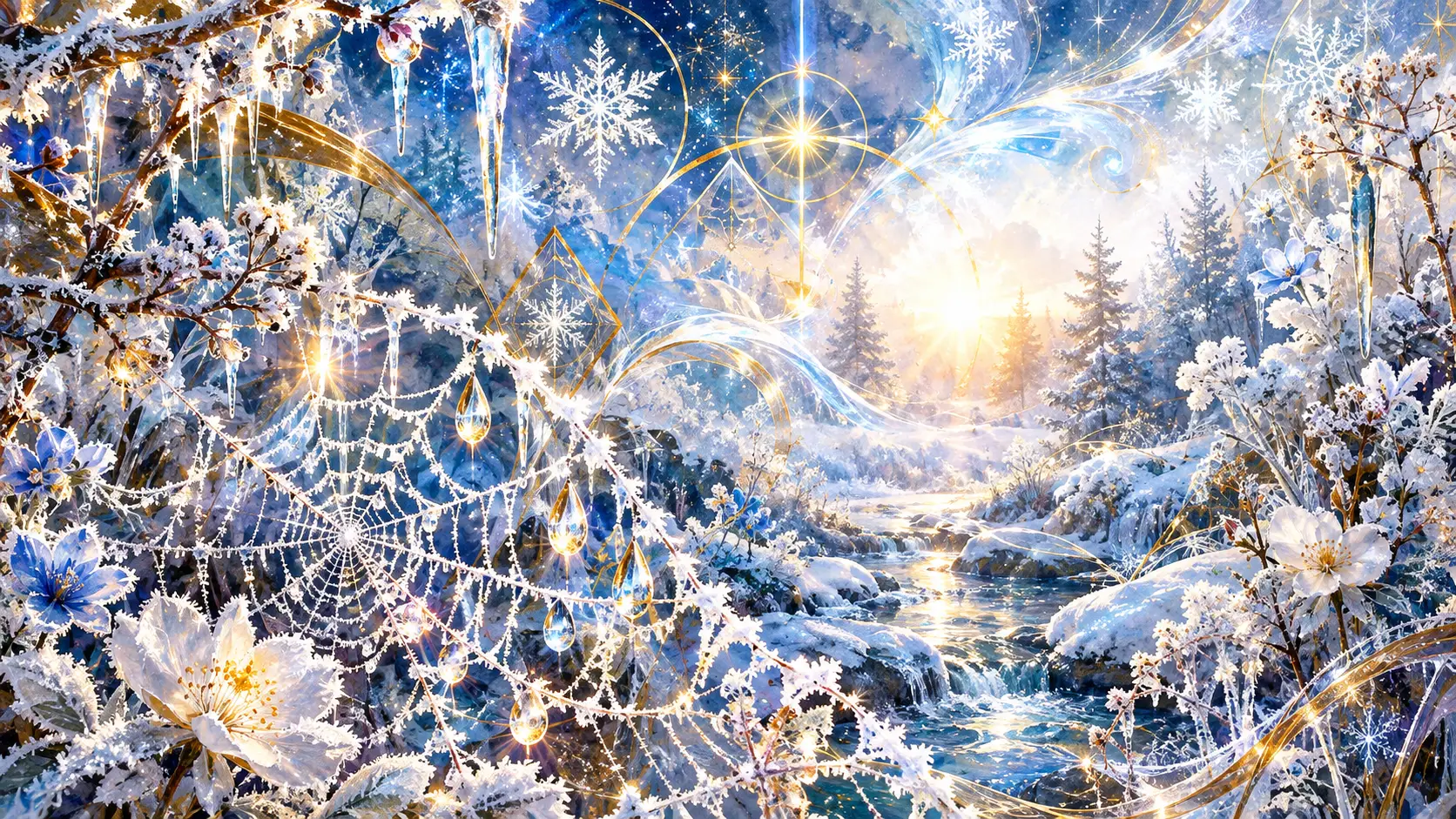 幾何冬日形態，融入雪花、覆霜植物與流動的水