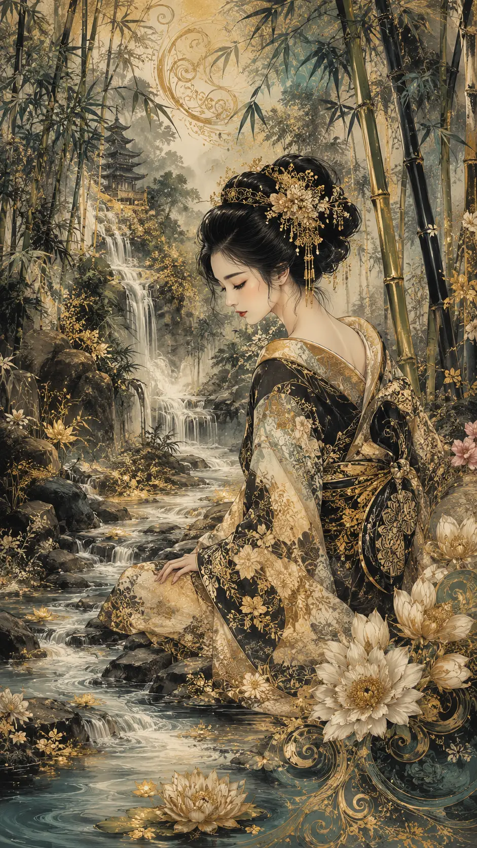 藝伎坐在亞洲竹林中的瀑布旁