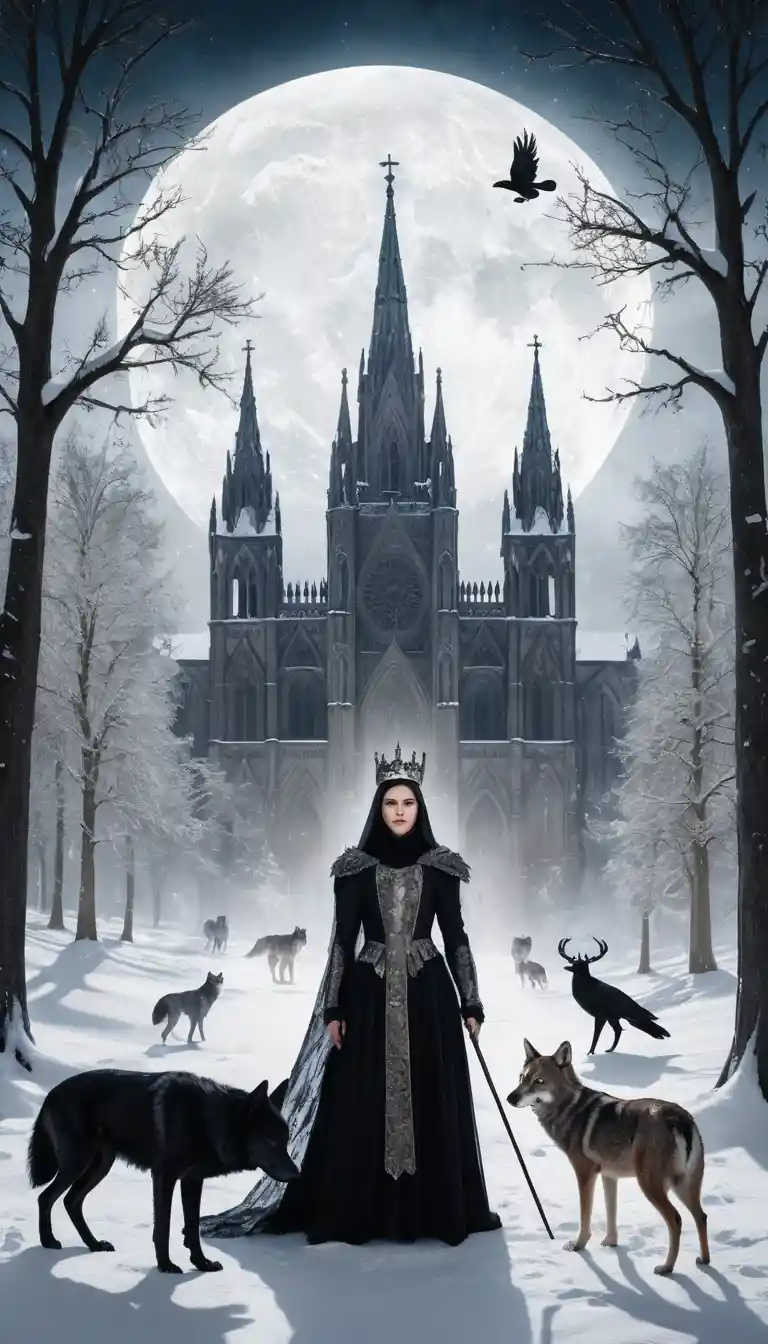 A crowned woman floats above a snowy gothic landscape
