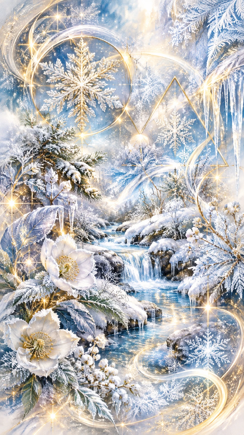 璀璨幾何圖形映現雪花與覆霜的冬日溪流