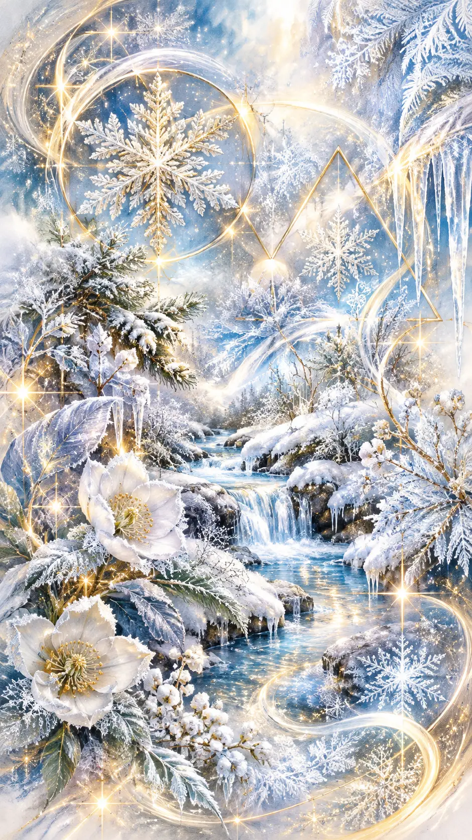璀璨幾何圖形映現雪花與覆霜的冬日溪流