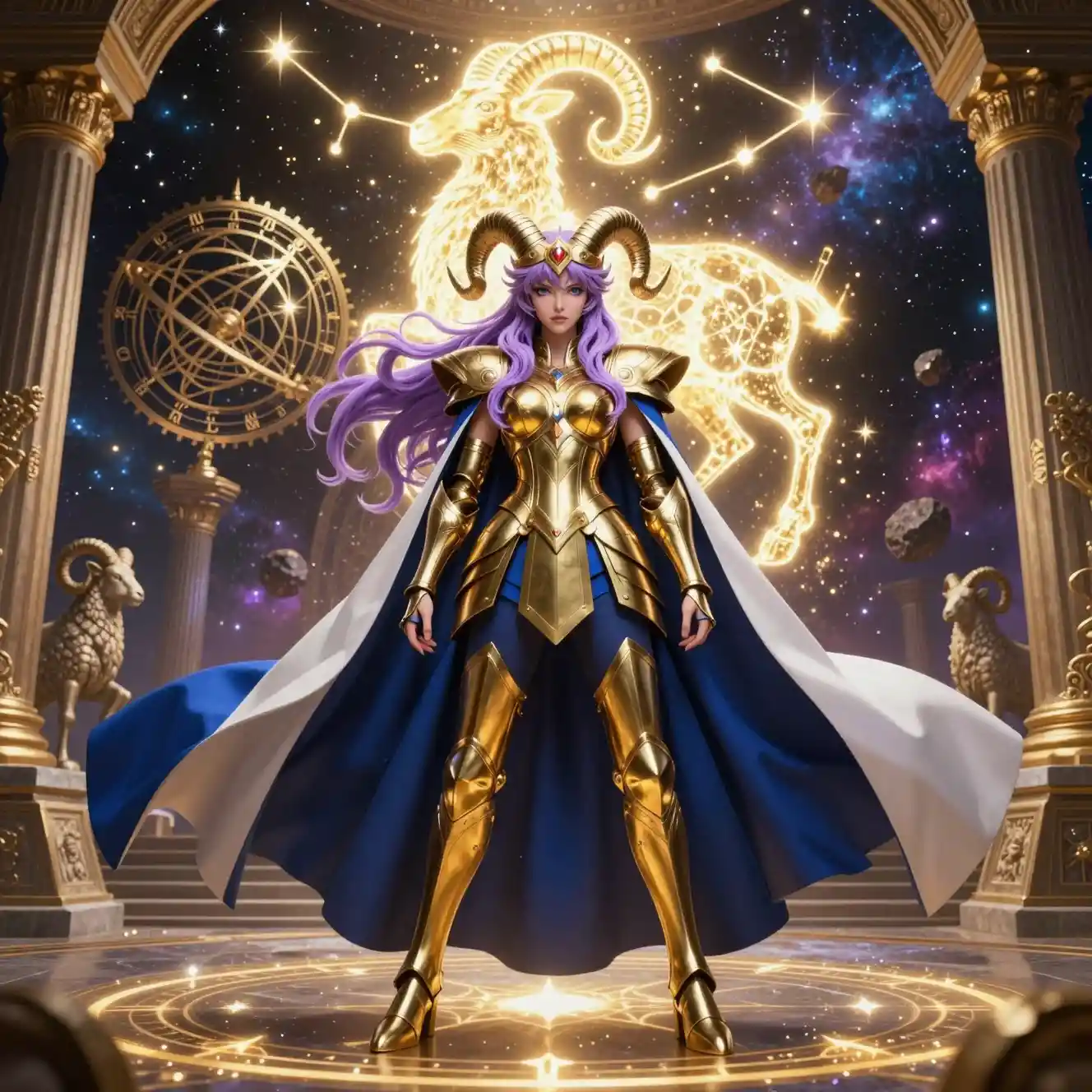 女戰士女神佇立在閃耀的牡羊座星象之下
