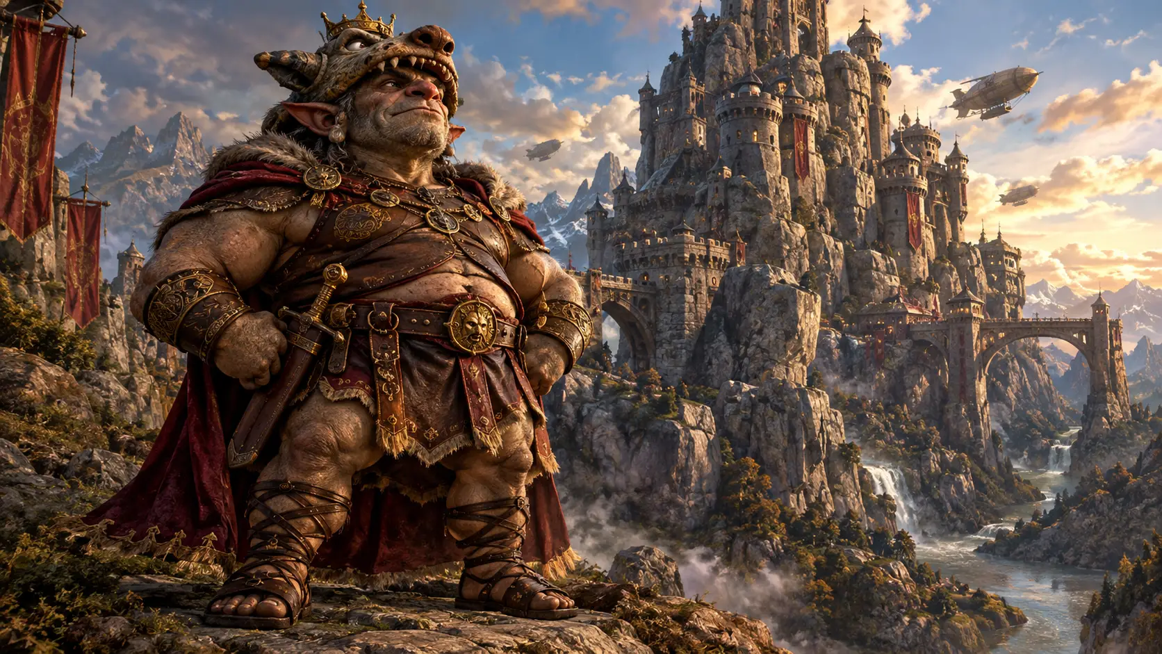 A Muscular Troll King in Regalia Before a Boulder Castle