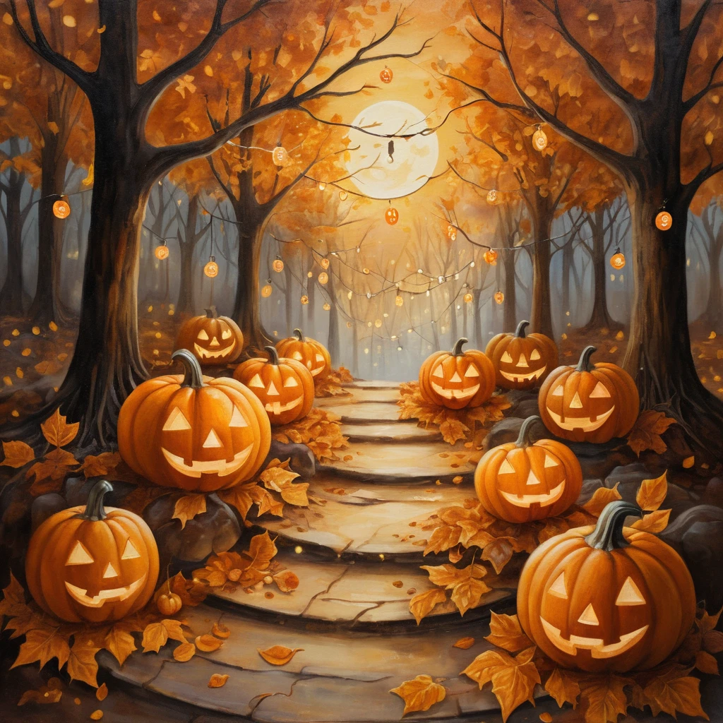 Leuchtende Kürbislaternen erhellen ein unheimliches herbstliches Ölgemälde