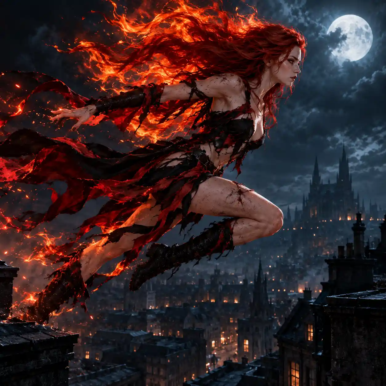 A crimson-haired woman leaps between city rooftops amid living flames