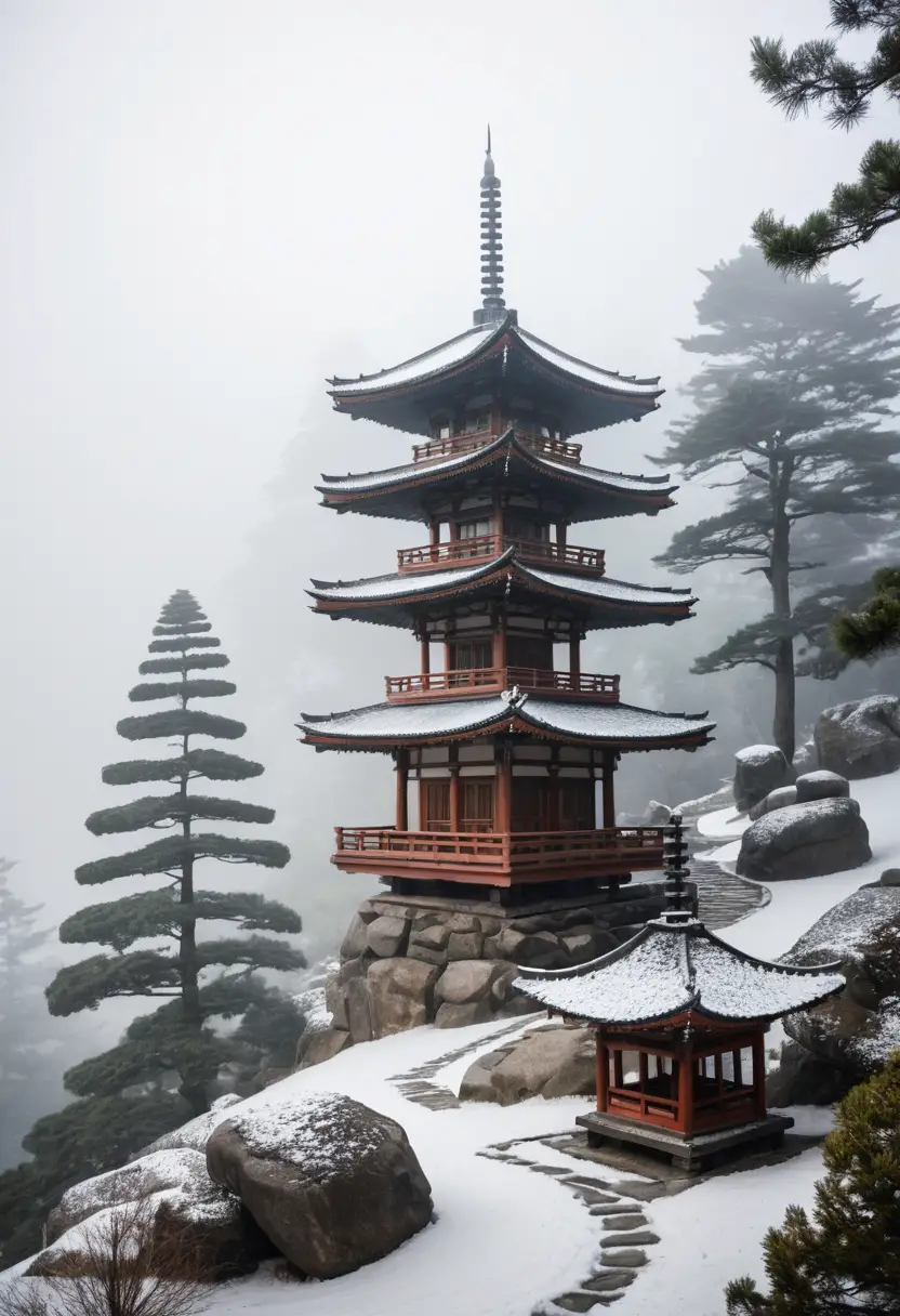 木造佛塔在霧中從白雪覆蓋的山坡上拔地而起