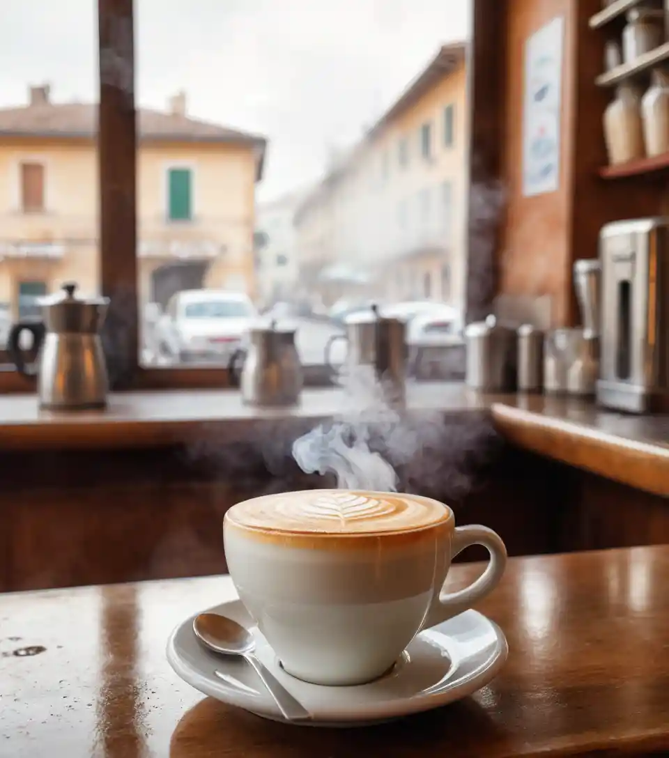 Fresh cappuccino steaming on an italian cafe bar