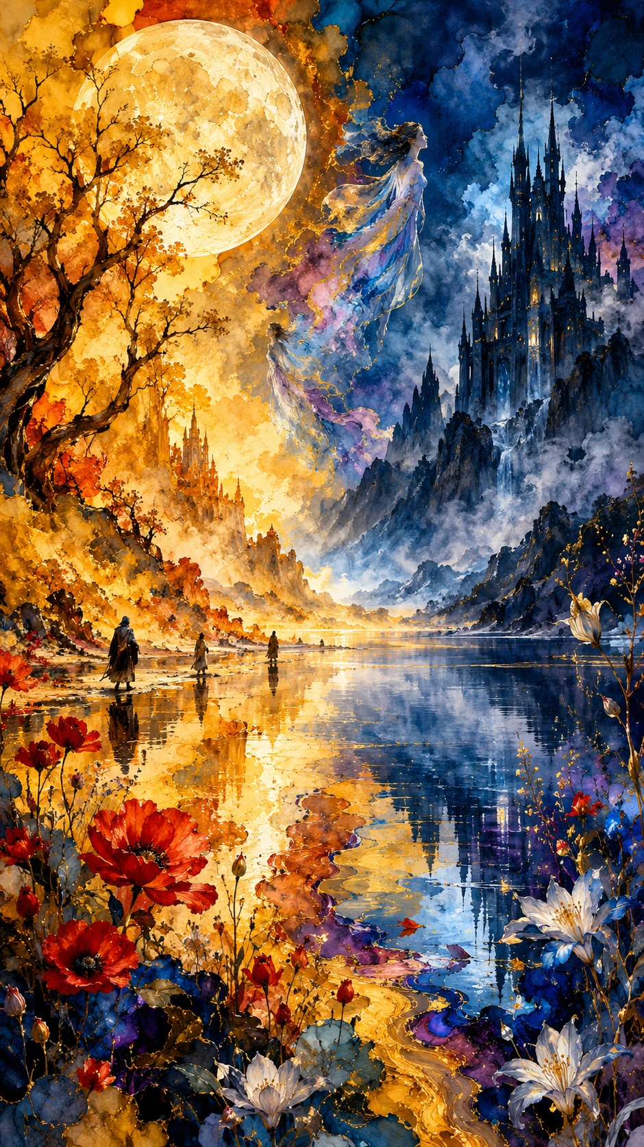 巨大滿月照亮黃金奇幻世界中蜿蜒扭曲的樹木