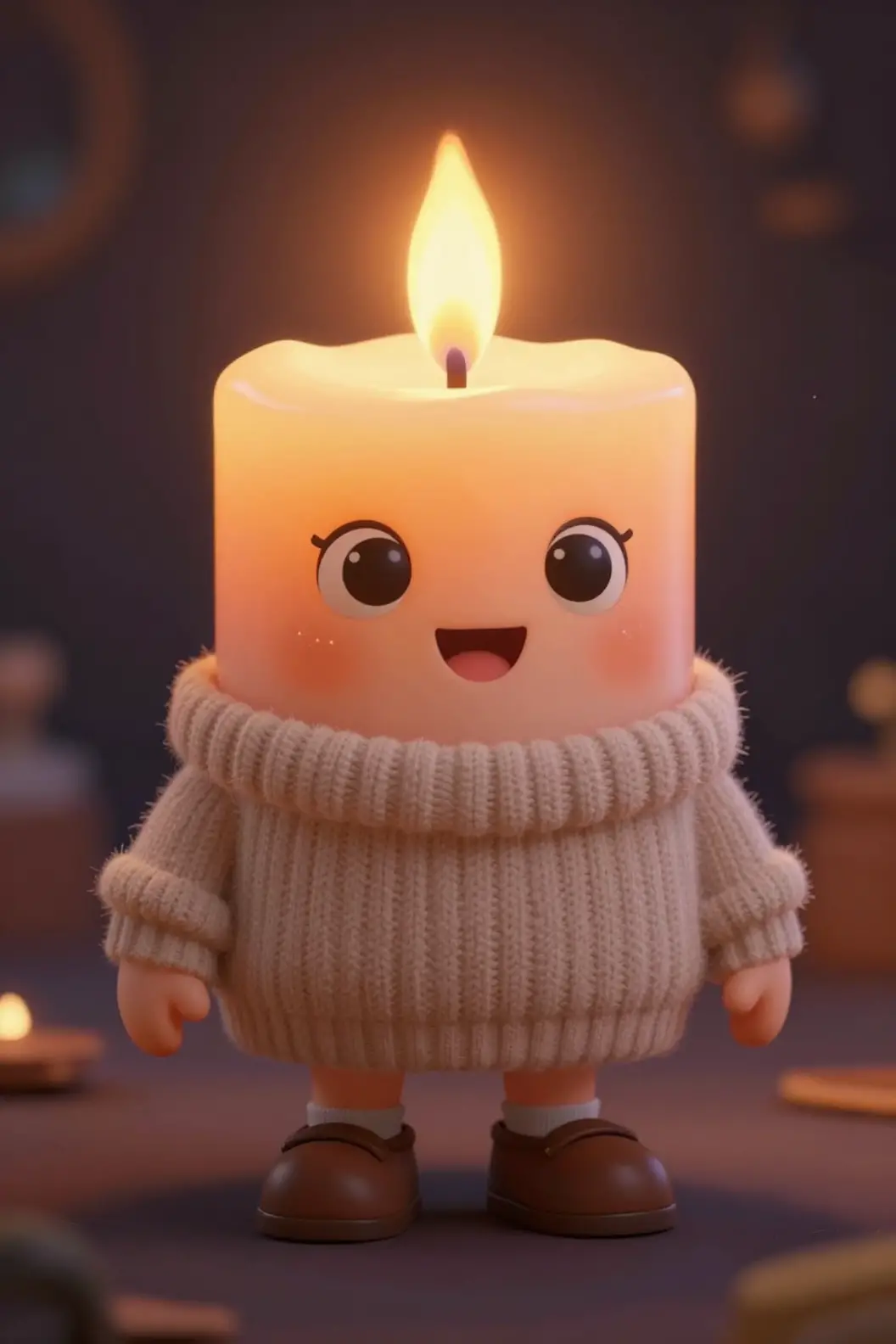 머리카락 대신 빛나는 불꽃이 타오르는 유쾌한 양초 캐릭터
