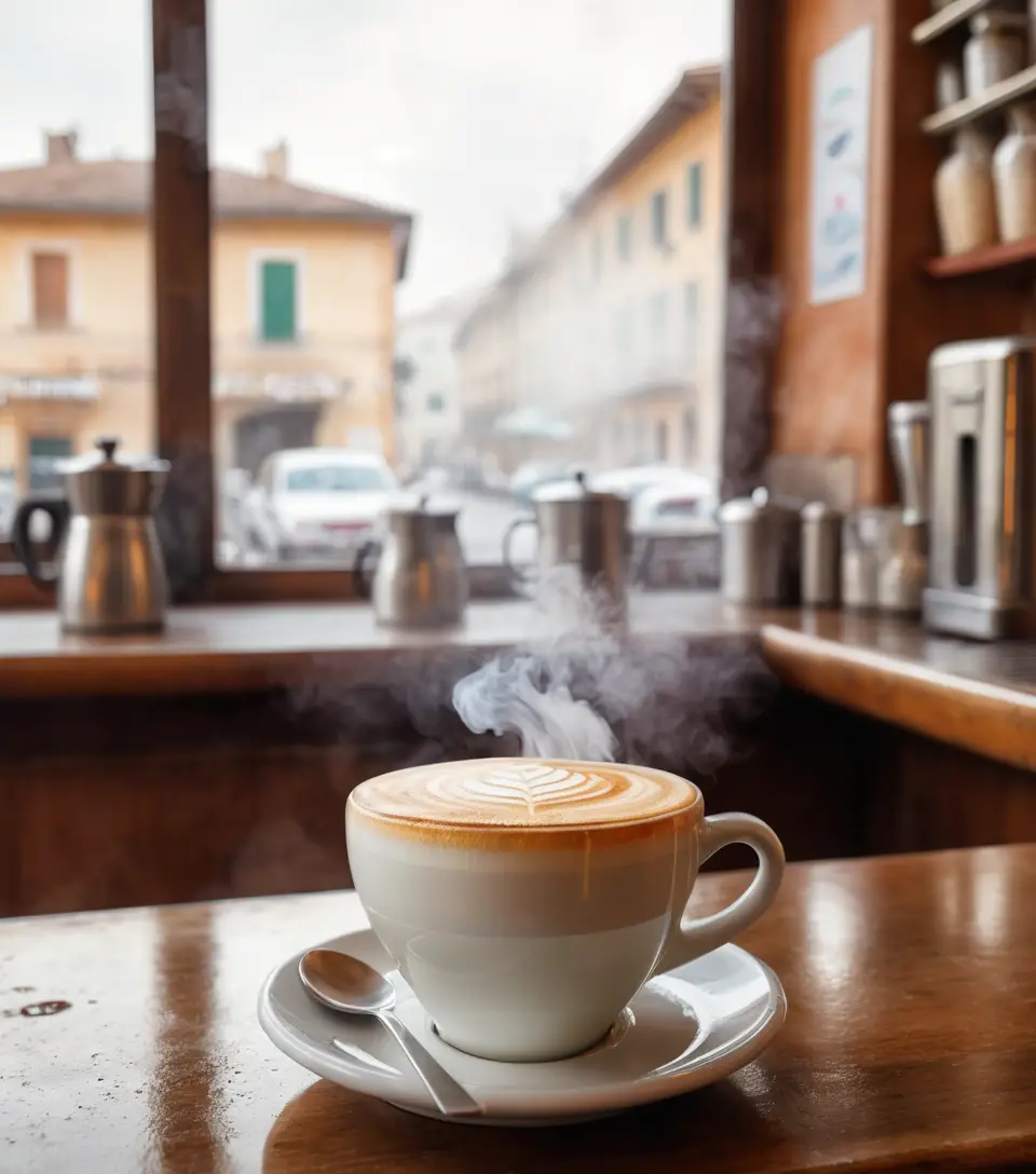 Fresh cappuccino steaming on an italian cafe bar