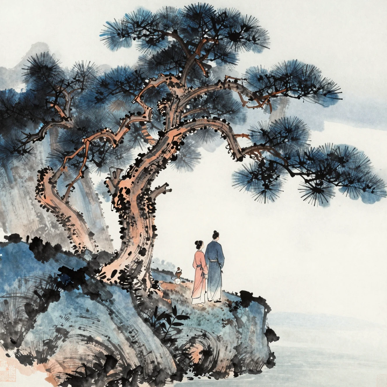 一男一女在山水畫中的盤曲松樹下相遇