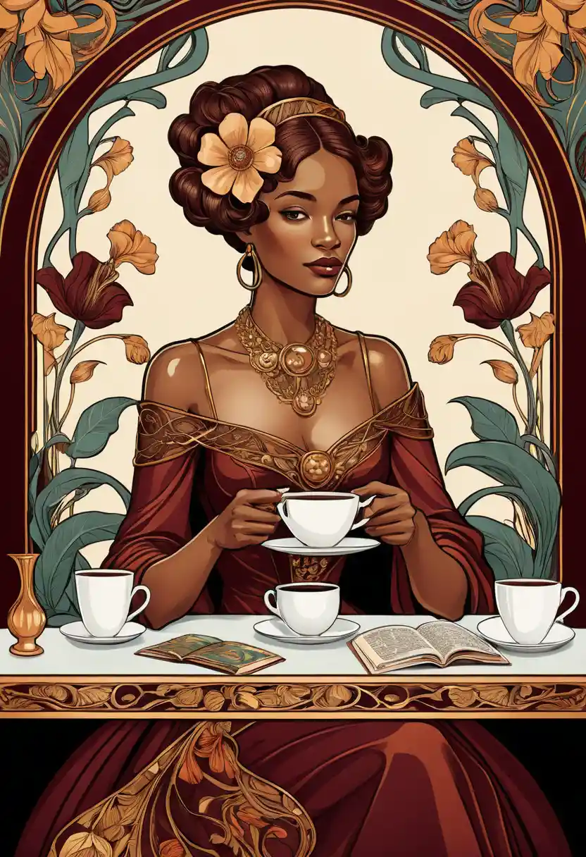 Una donna africana si gusta un caffè al tavolino di un locale in stile Art Nouveau