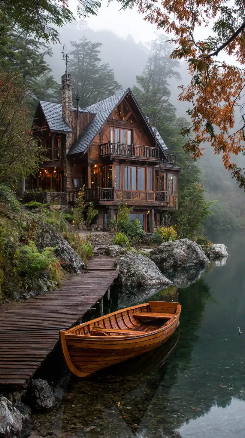 薄霧山湖畔，燈火溫暖的木造小屋