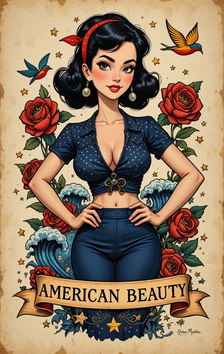Una pin-up sorridente in un'illustrazione classica di tatuaggio americano