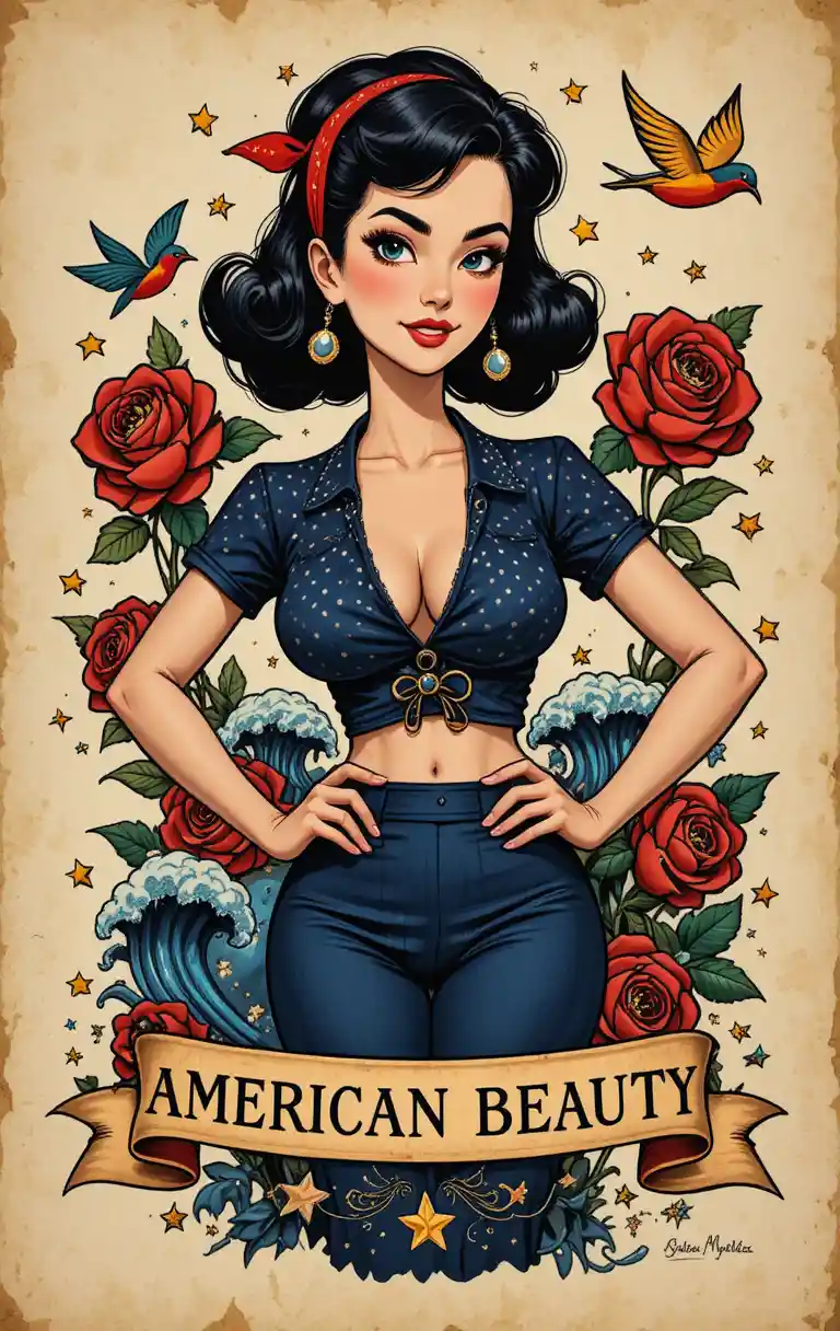 經典美式刺青插畫中的微笑海報女郎