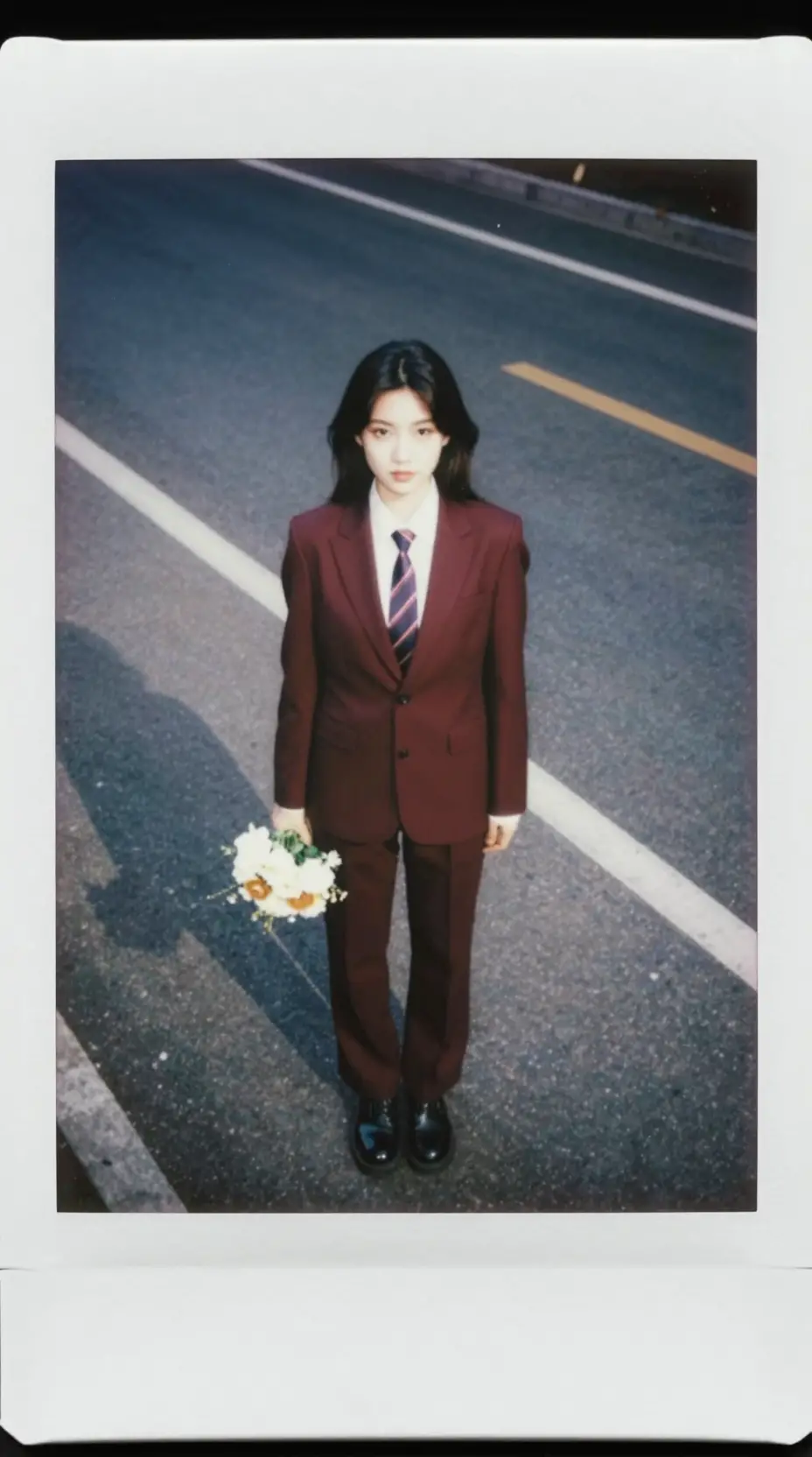 一位穿著正式套裝的女子在道路上手捧花束