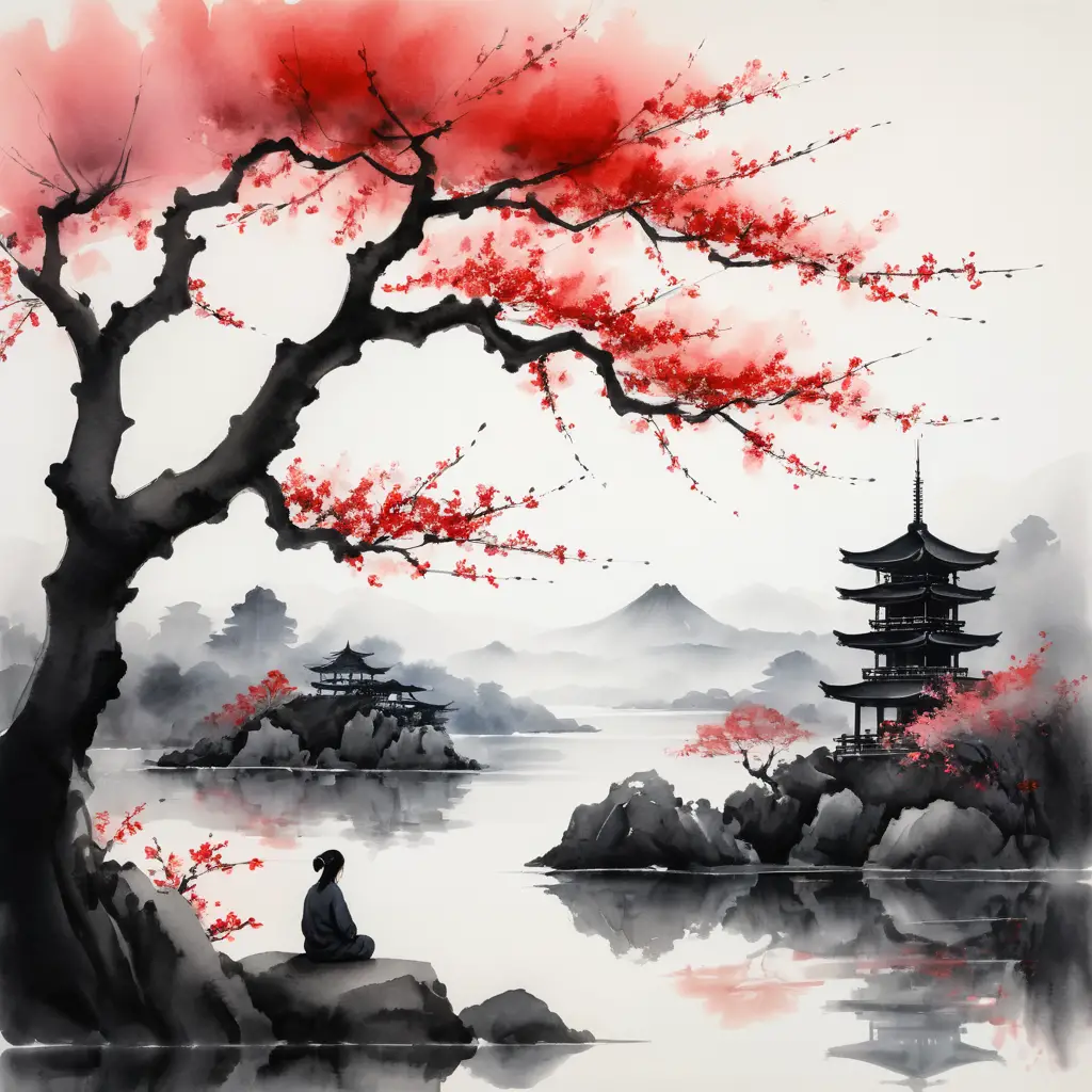 古老港灣旁，紅花樹下獨坐的人影