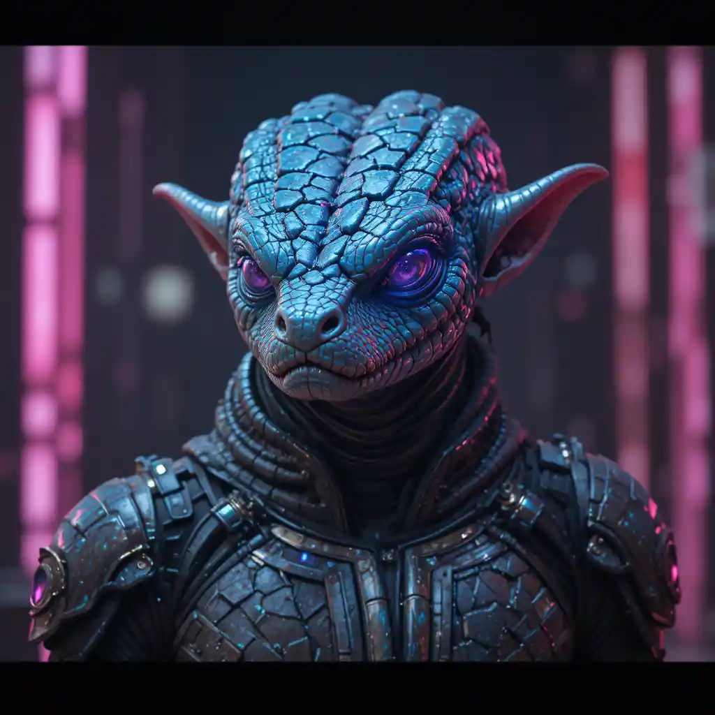 海邊身穿科幻服的男性人形生物，臉部融合動物特徵
