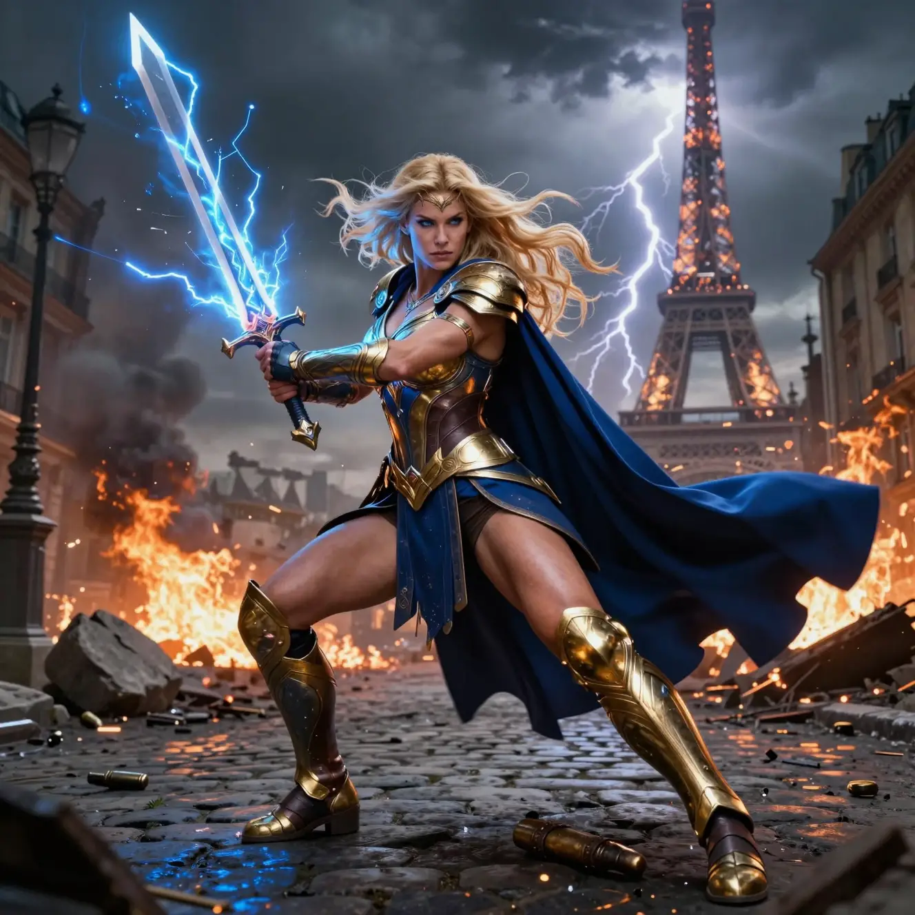 金髮女武神在烈焰吞噬的巴黎揮舞雷電之劍