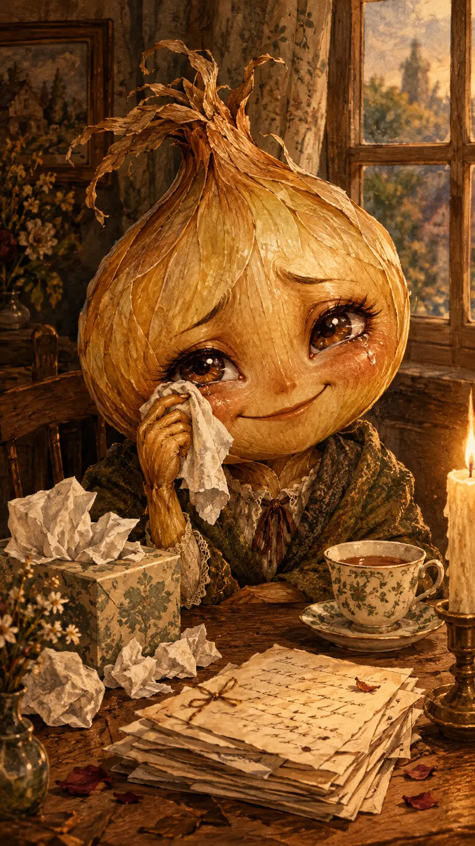 金色洋蔥角色在燭光映照的鄉間小屋窗邊擺姿勢