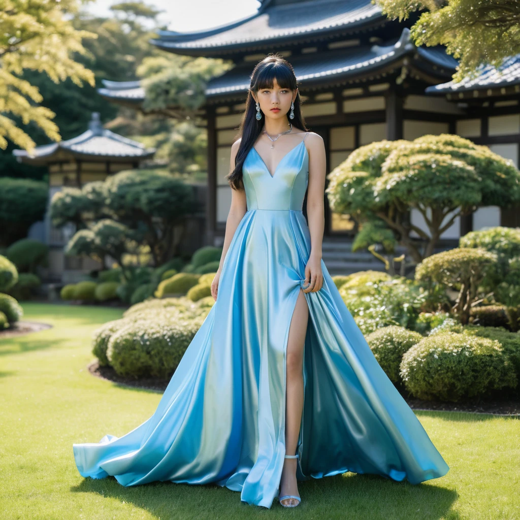 身穿藍色緞面洋裝的年輕日本女子在庭園中手持武士刀