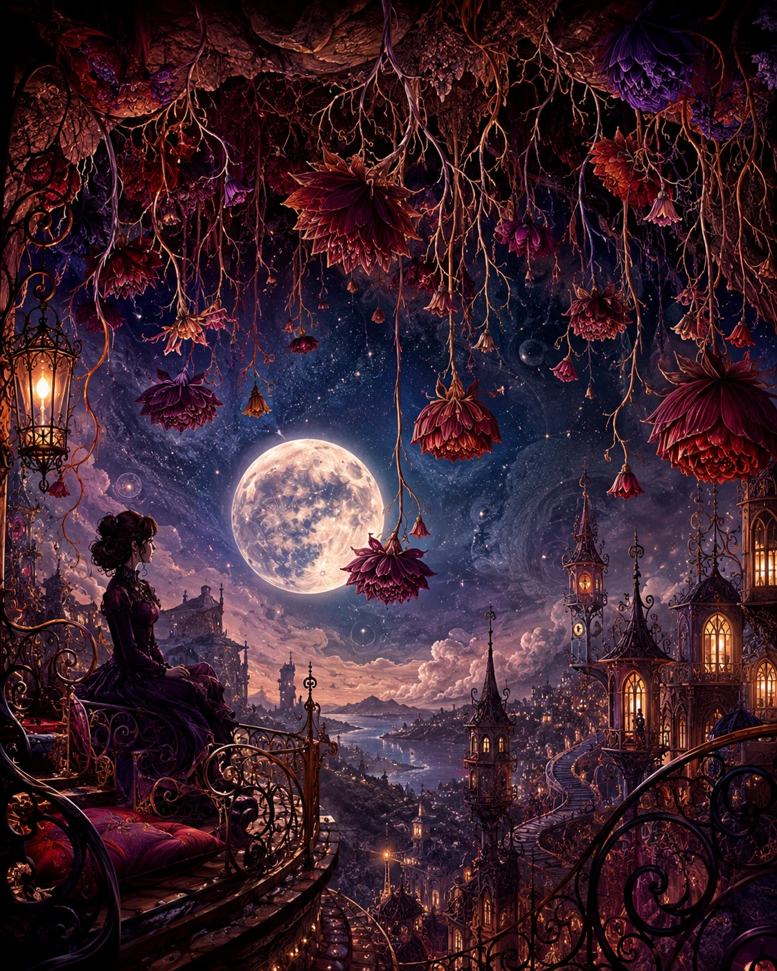 月光下的奇幻景致中，花朵彎曲垂向繁星