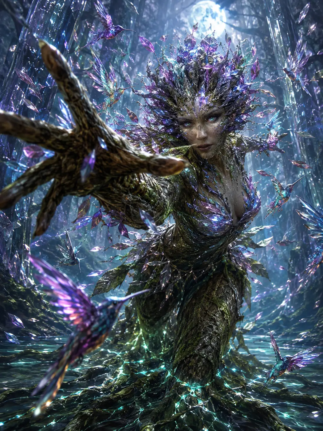 樹精靈伸手穿過月光下的水晶森林