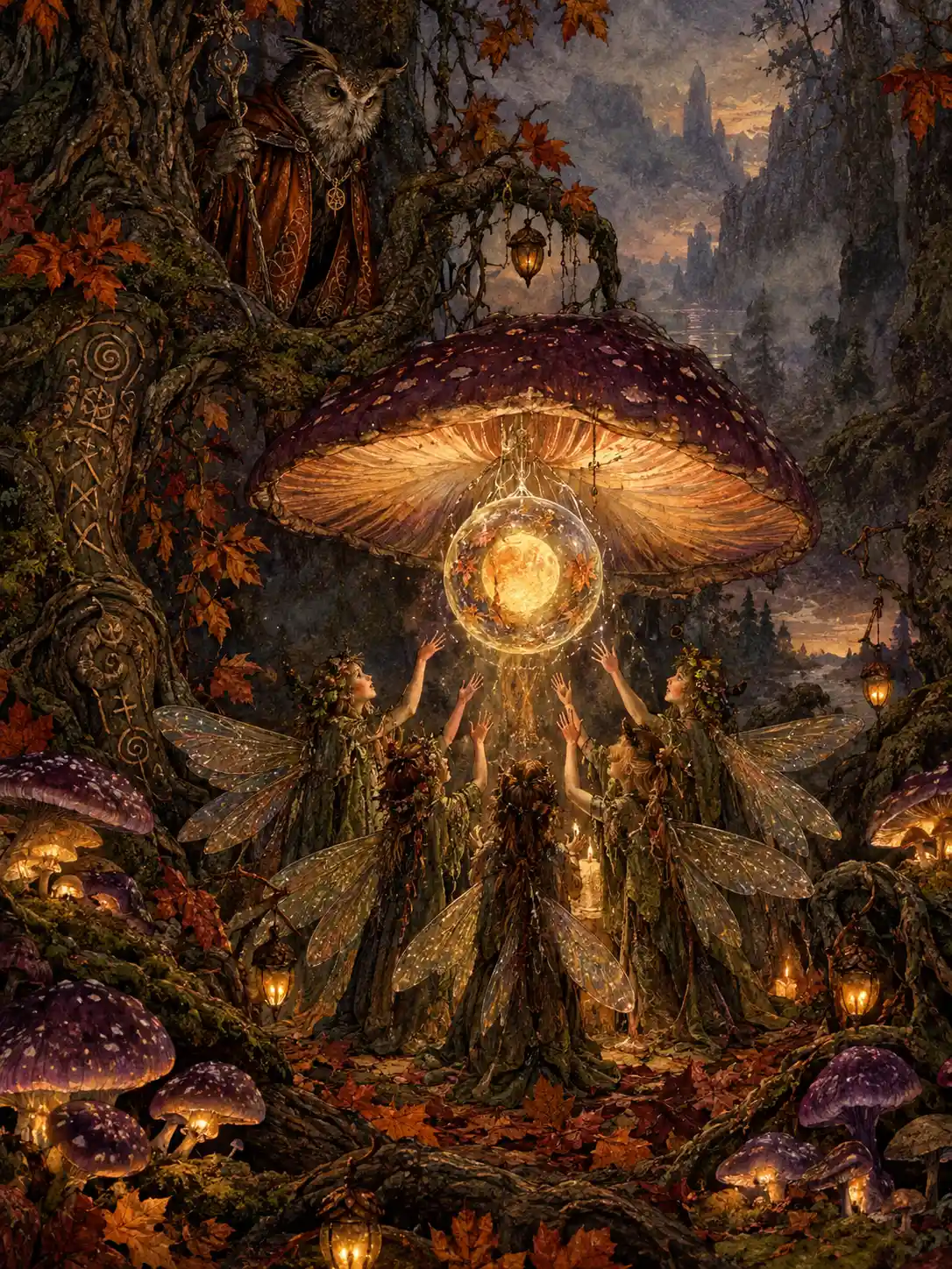 秋日森林中，森林精靈聚集在發光蘑菇傘下