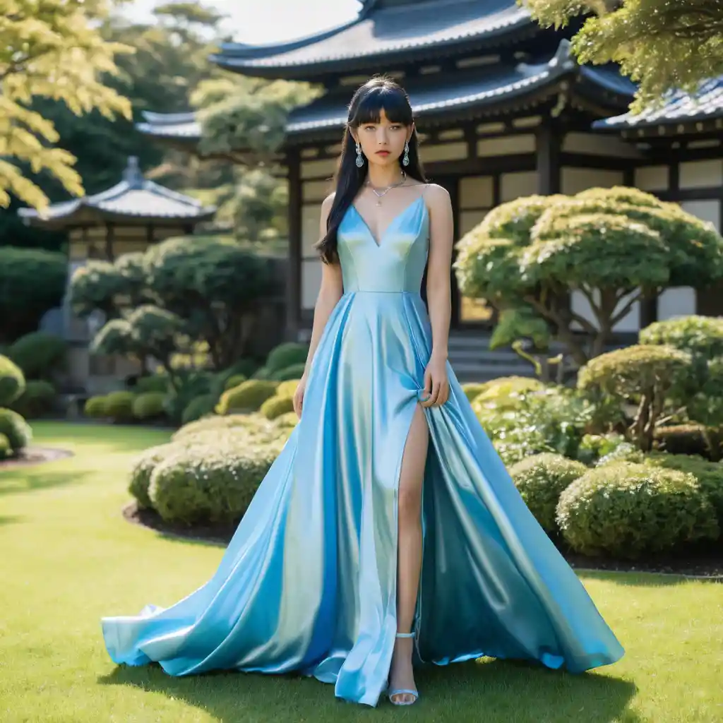 身穿藍色緞面洋裝的年輕日本女子在庭園中手持武士刀