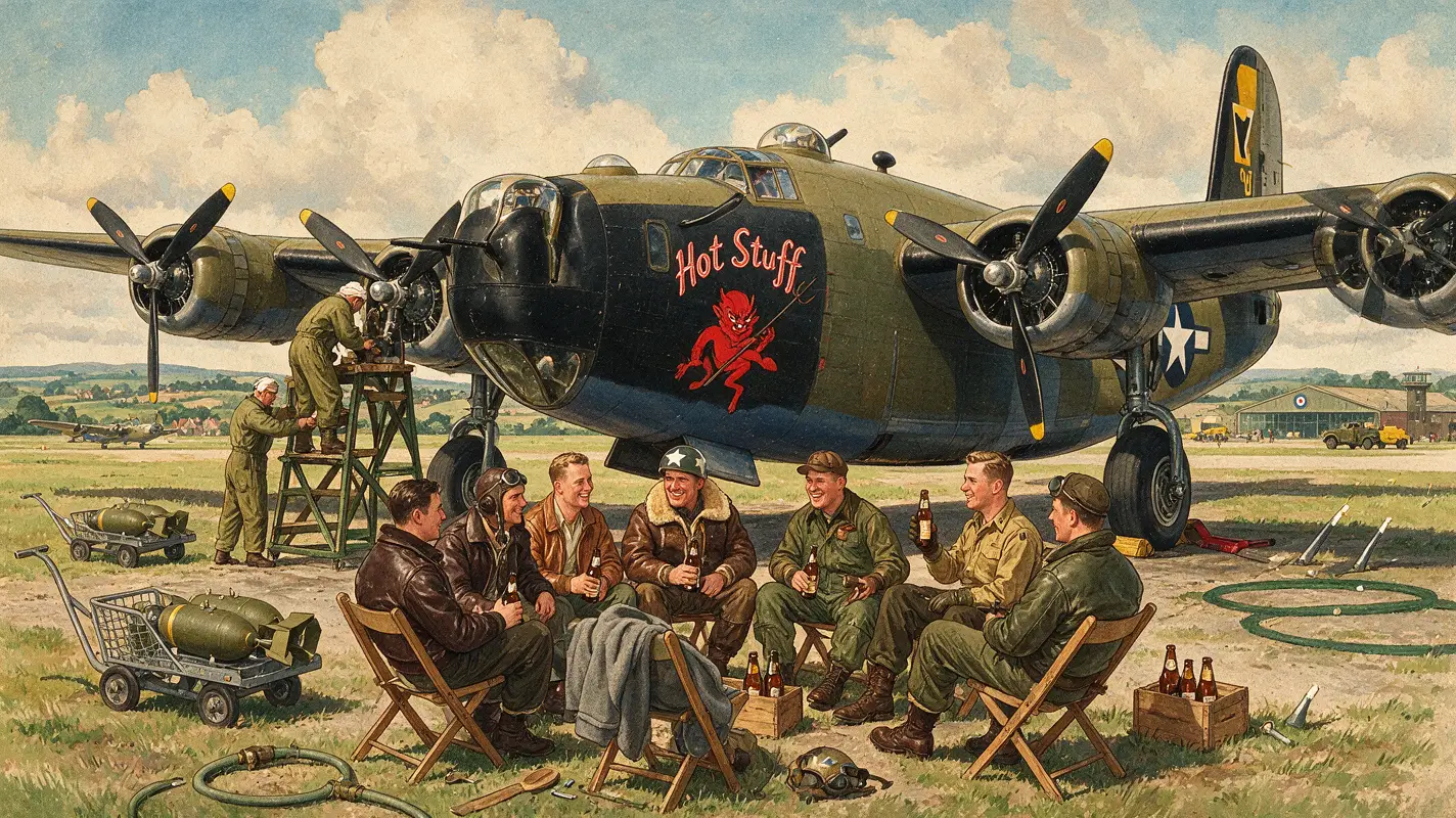 停駐在英格蘭鄉間機場的 B-24 解放者轟炸機