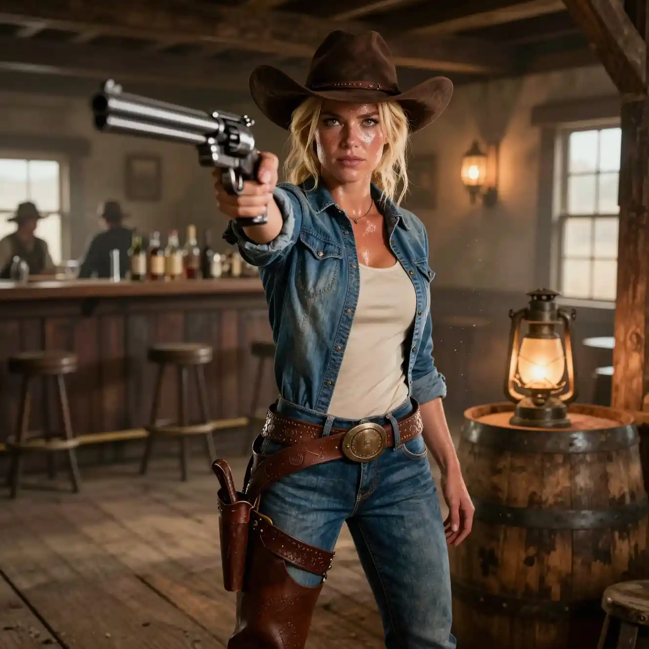 Eine blonde Cowgirl richtet in einem staubigen Wildwest-Saloon einen Revolver