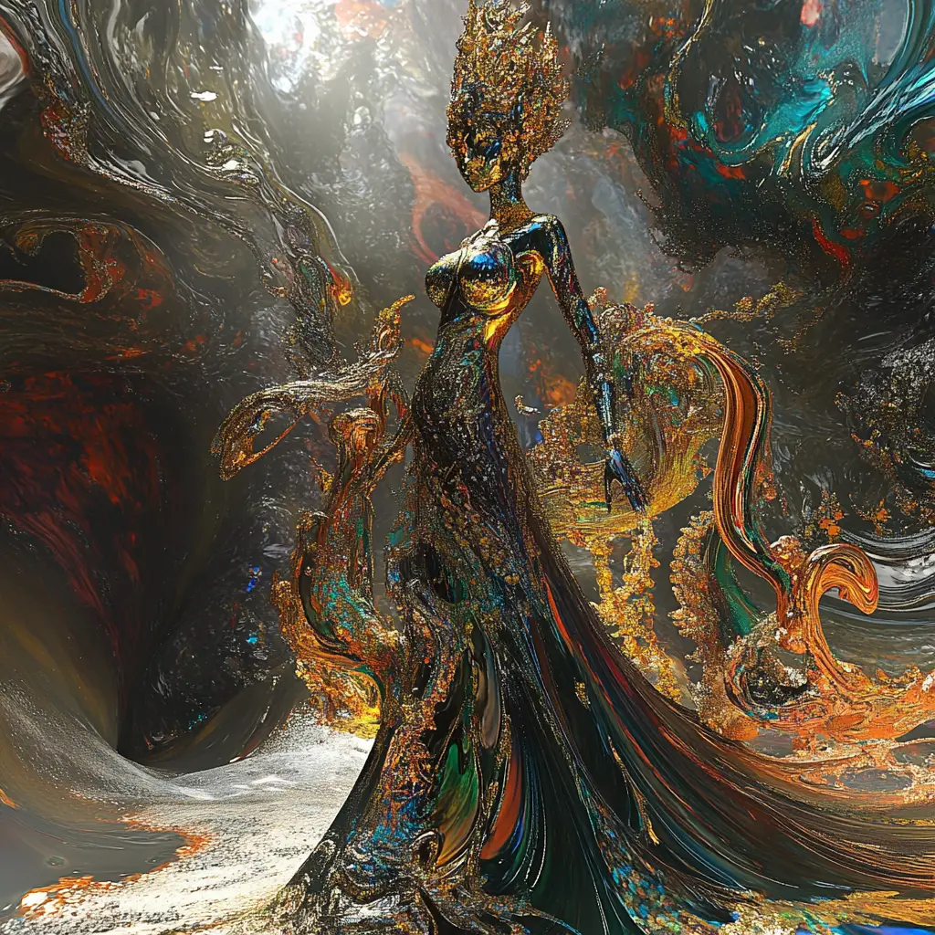 一位空靈的泰國女子從原初之海中升起，身旁縈繞著金色絲線