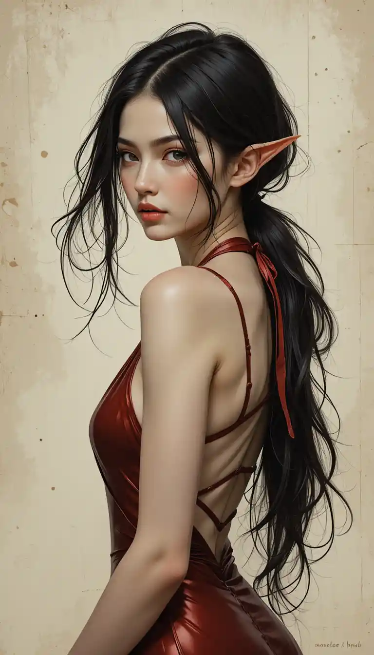 尖耳朵的奇幻女子回眸望向肩後