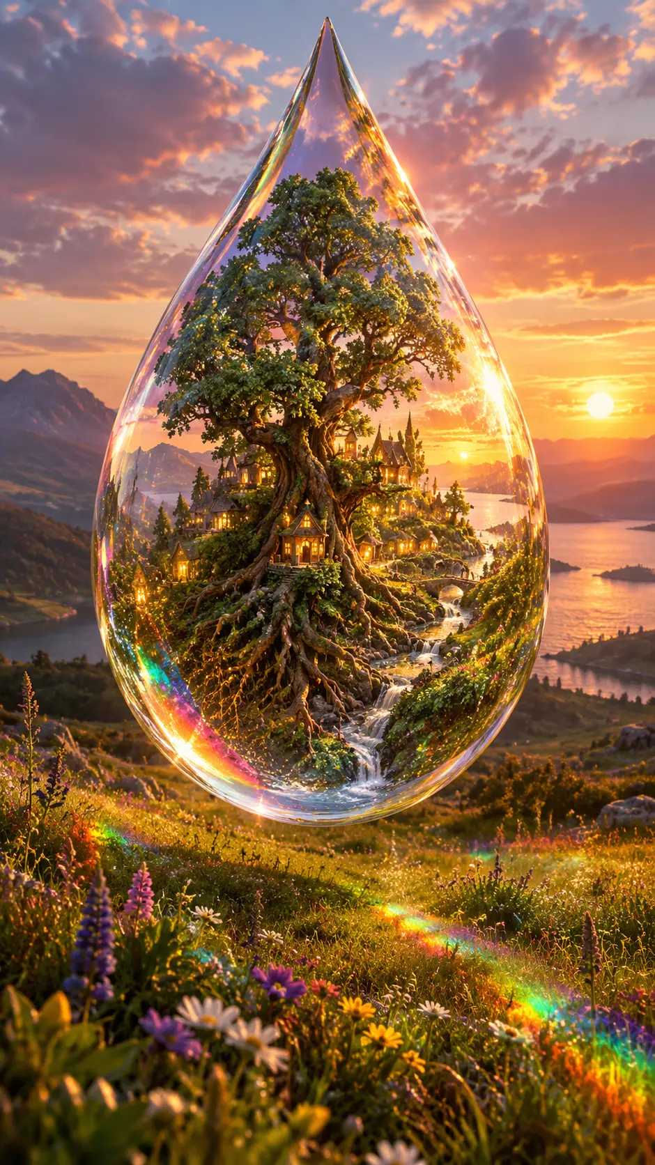 漂浮在野花草原上方的水晶淚滴，包裹著一個微型世界