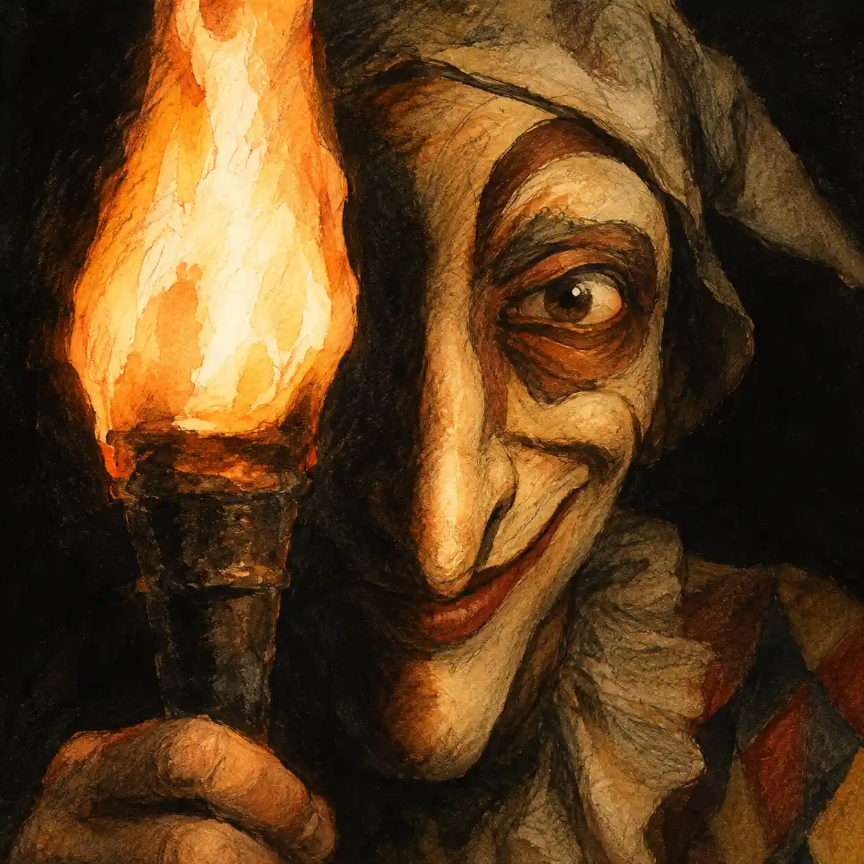 Un grottesco clown arlecchino sorride accanto a una torcia nel buio più totale