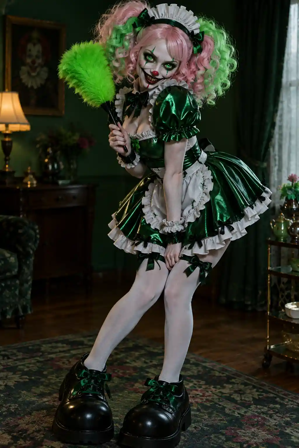 Un inquietante clown posa vestito da cameriera con uno spolverino di piume verde brillante