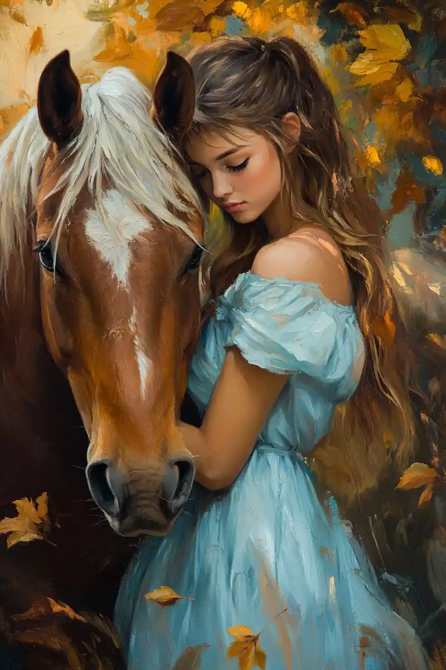 Una giovane donna appoggia il viso a un cavallo sotto foglie in controluce