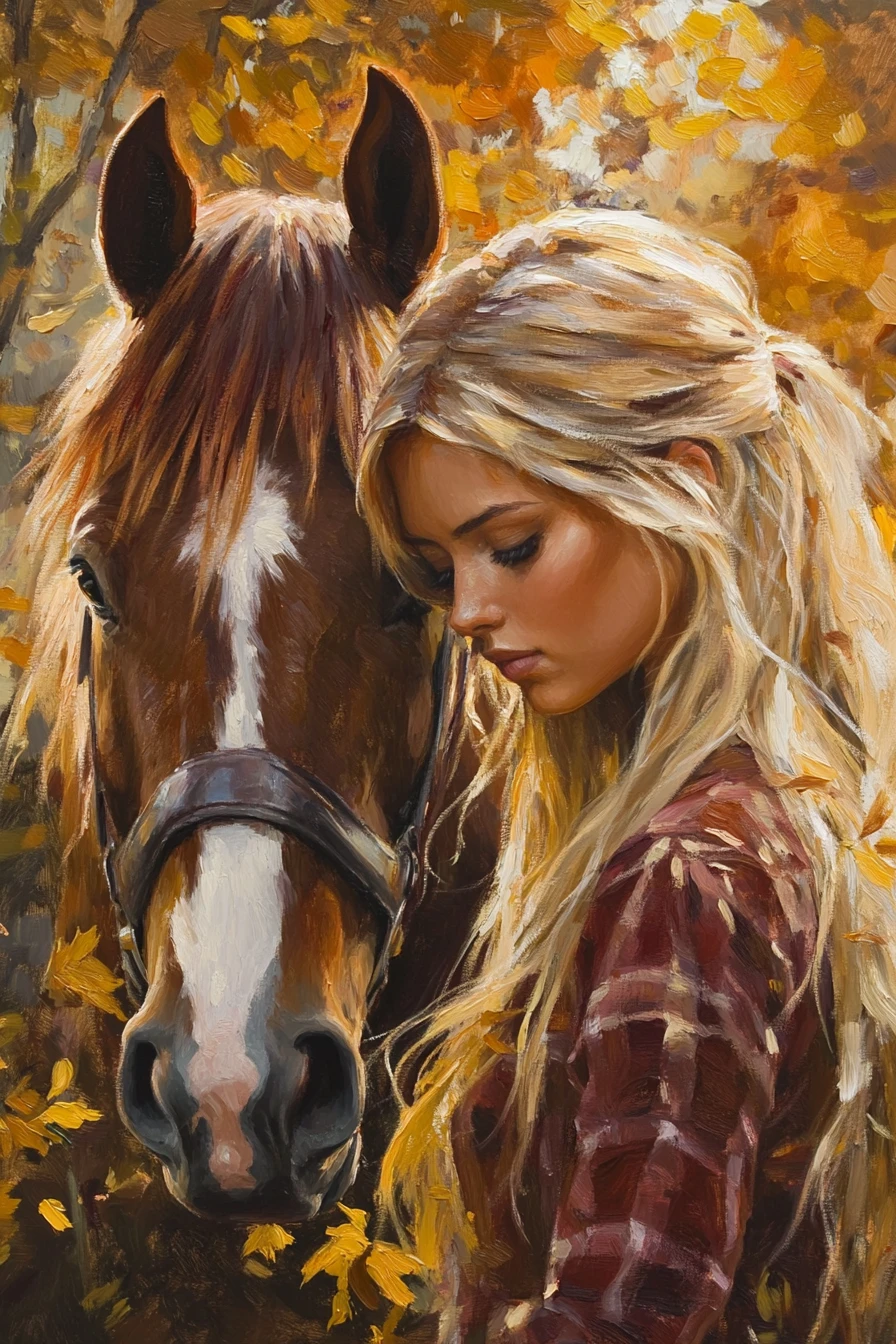 Une jeune femme pose le visage contre un cheval bai au crépuscule