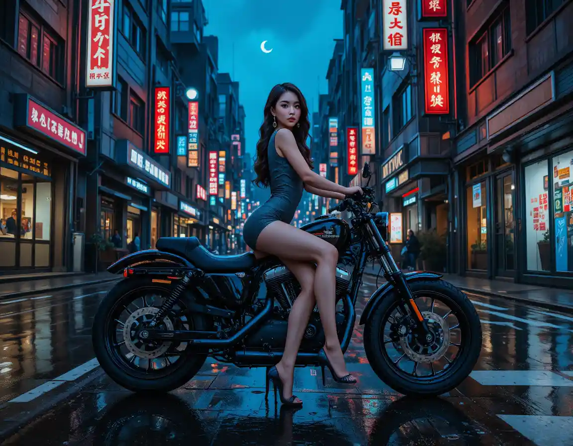Una giovane donna posa su una moto in una strada bagnata della città