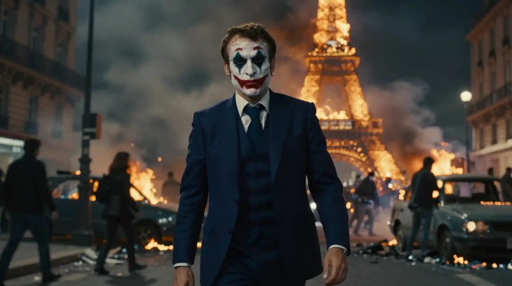 Un uomo truccato da clown cammina tra i disordini sotto la Torre Eiffel in fiamme
