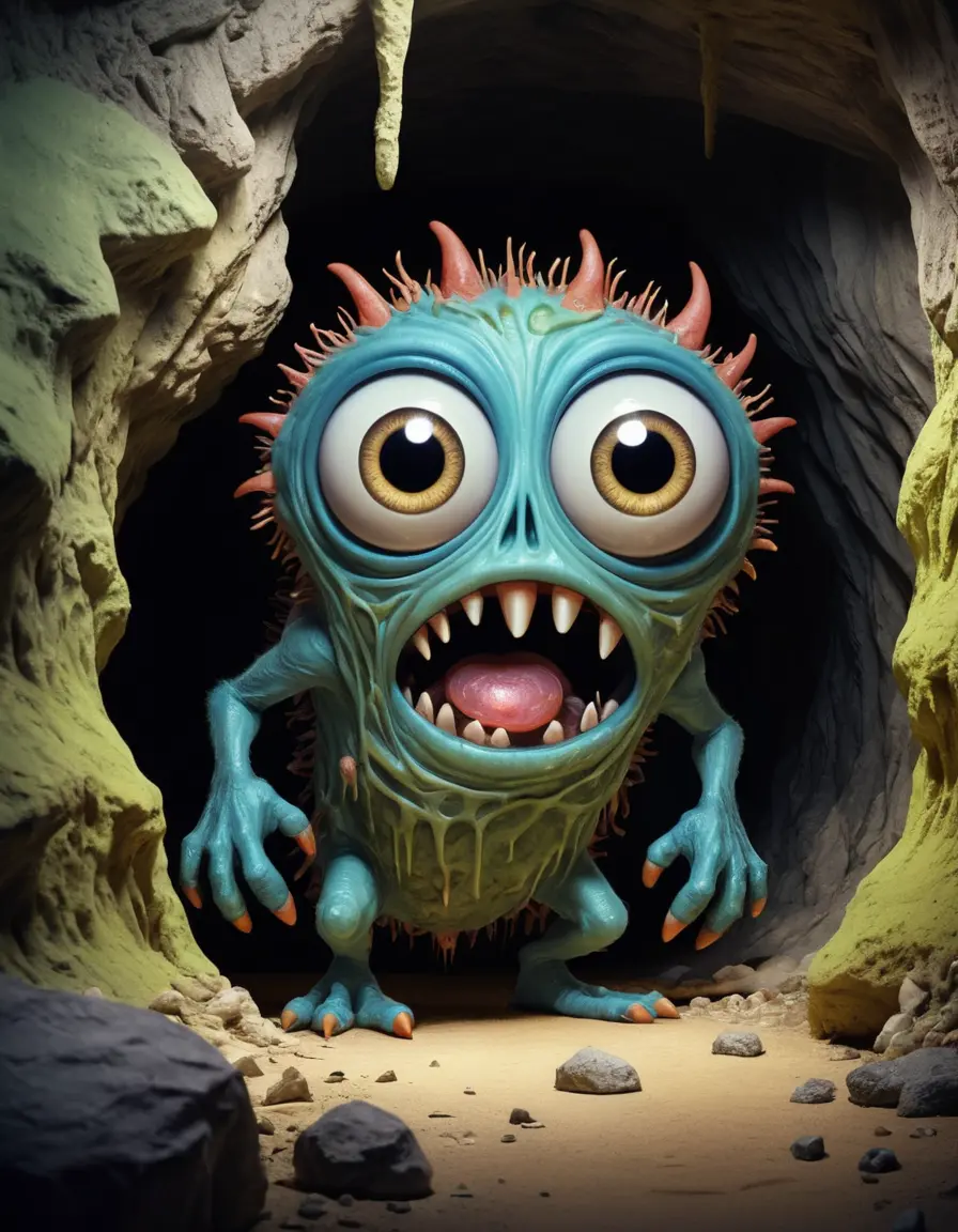 Kleines einäugiges Monster, das in einer dunklen Höhle zittert