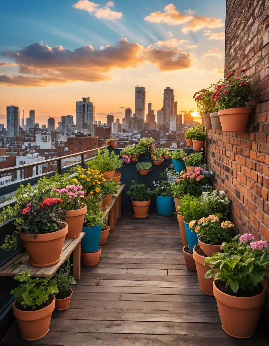 Giardino urbano sul balcone con fiori al tramonto sulla città
