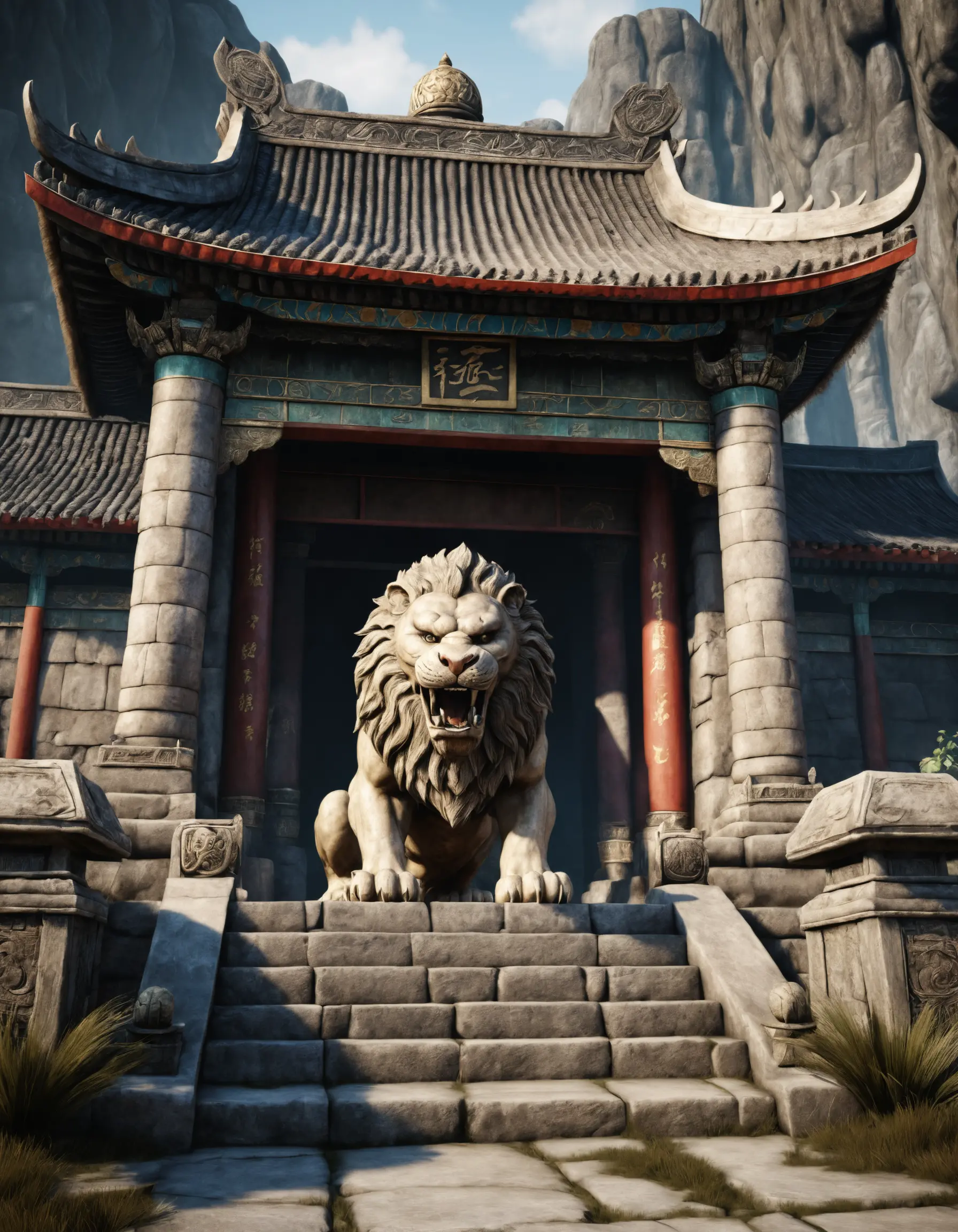 Vernichtungswütiger Steinlöwe bewacht den Eingang eines alten orientalischen Tempels